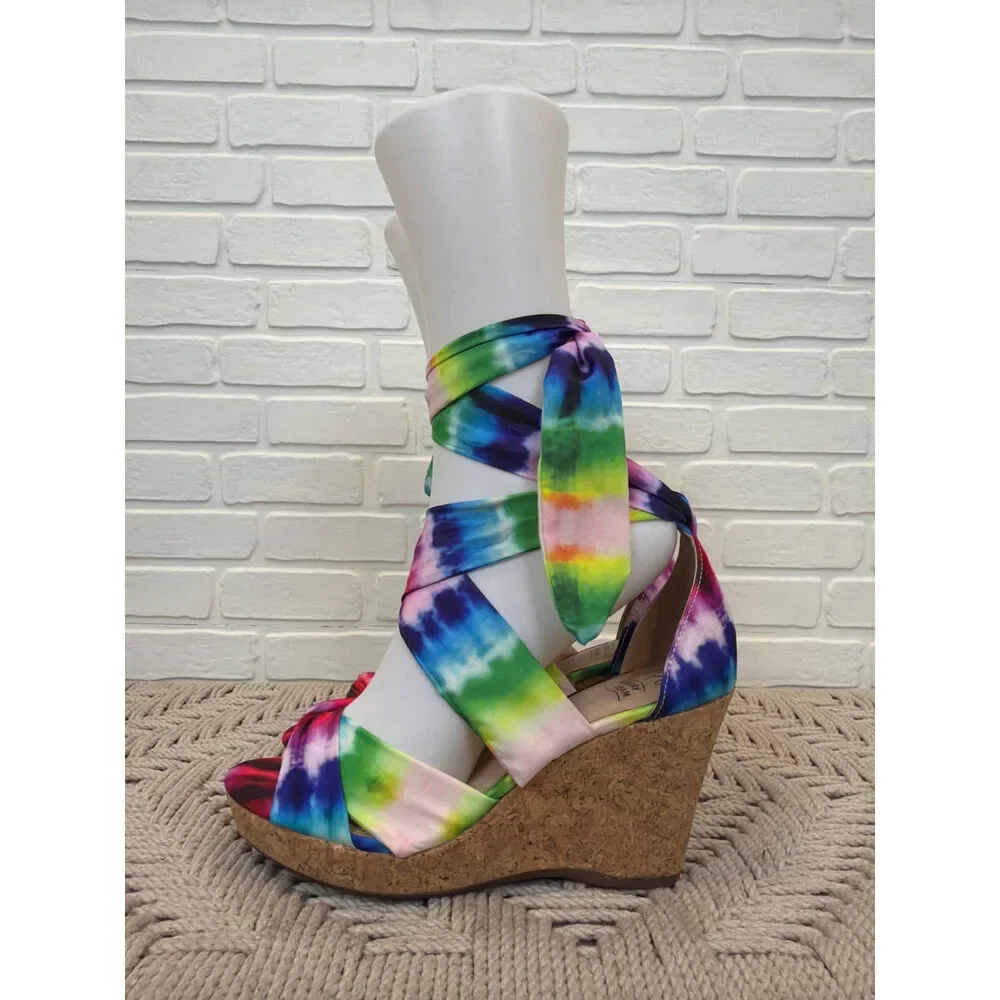 Impo Olitha Tie-Dye Wedge Sandals Multi Ankle Wrap Size 7